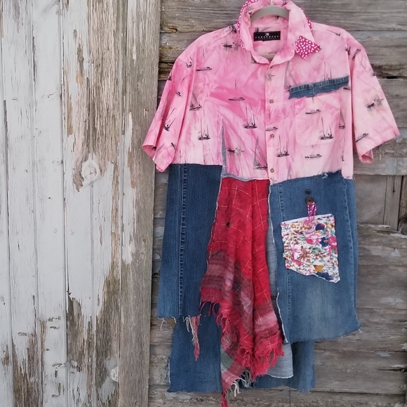 Sail Boat ArtWear Upcycled Nautical Shirt Tunic - Picture 1 of 7